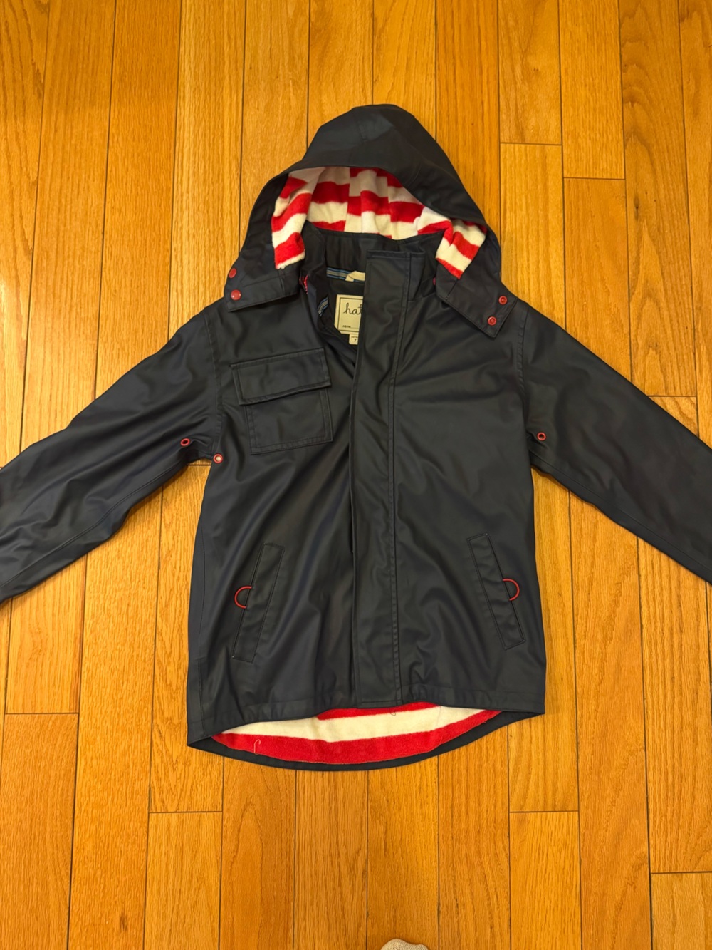 Hatley Navy Rain Jacket with Red & White Hood Tr, Size 7